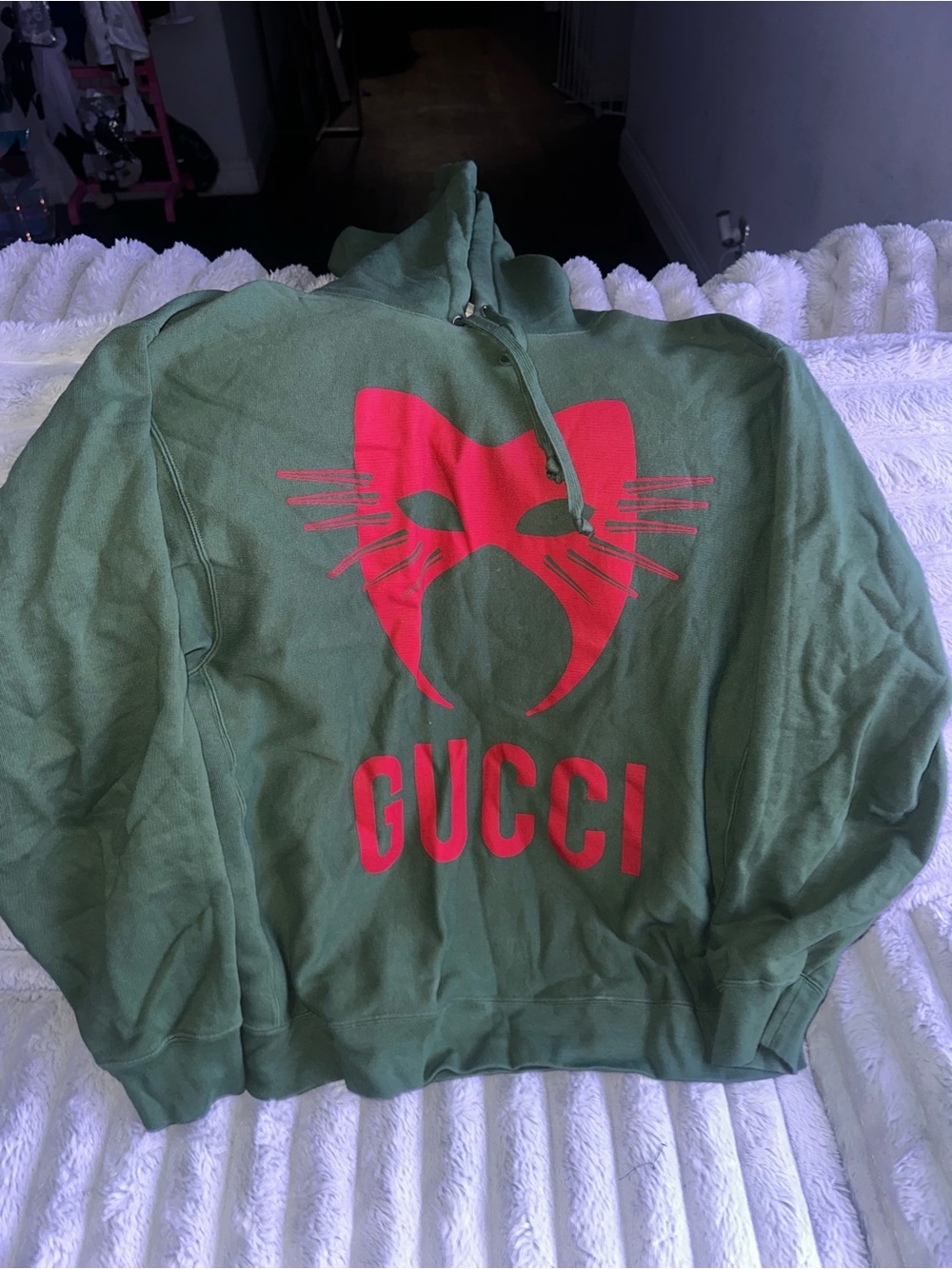 Gucci Green Pullover with Red Cat-Mask Graphic